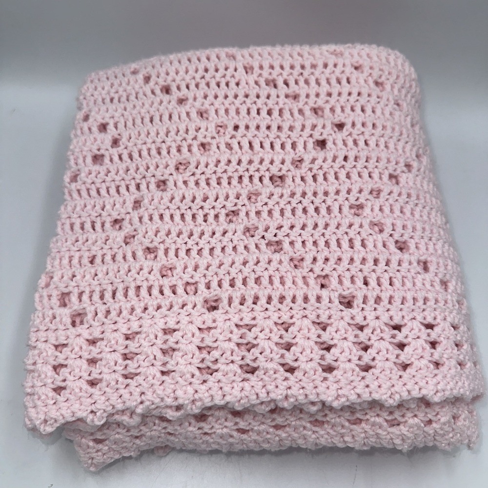 Handmade Crochet Baby Afghan Pink Pastel 38" X 43" Swaddle Lap Blanket